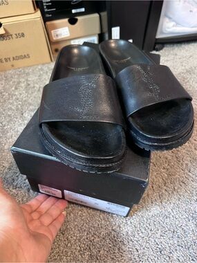 Saint Laurent Black Logo Embossed Slide Sandals